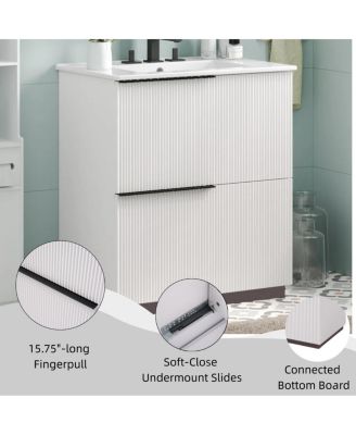 30" Modern Fluted Bathroom Vanity Cabinet with Ceramic Sink, Soft Close Drawers & Storage for Small Bathrooms