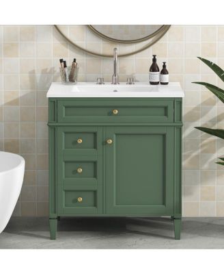 Bathroom Vanity with Ceramic Sink, Solid Wood Cabinet, Ample Storage Drawers Adjustable Shelf for Small