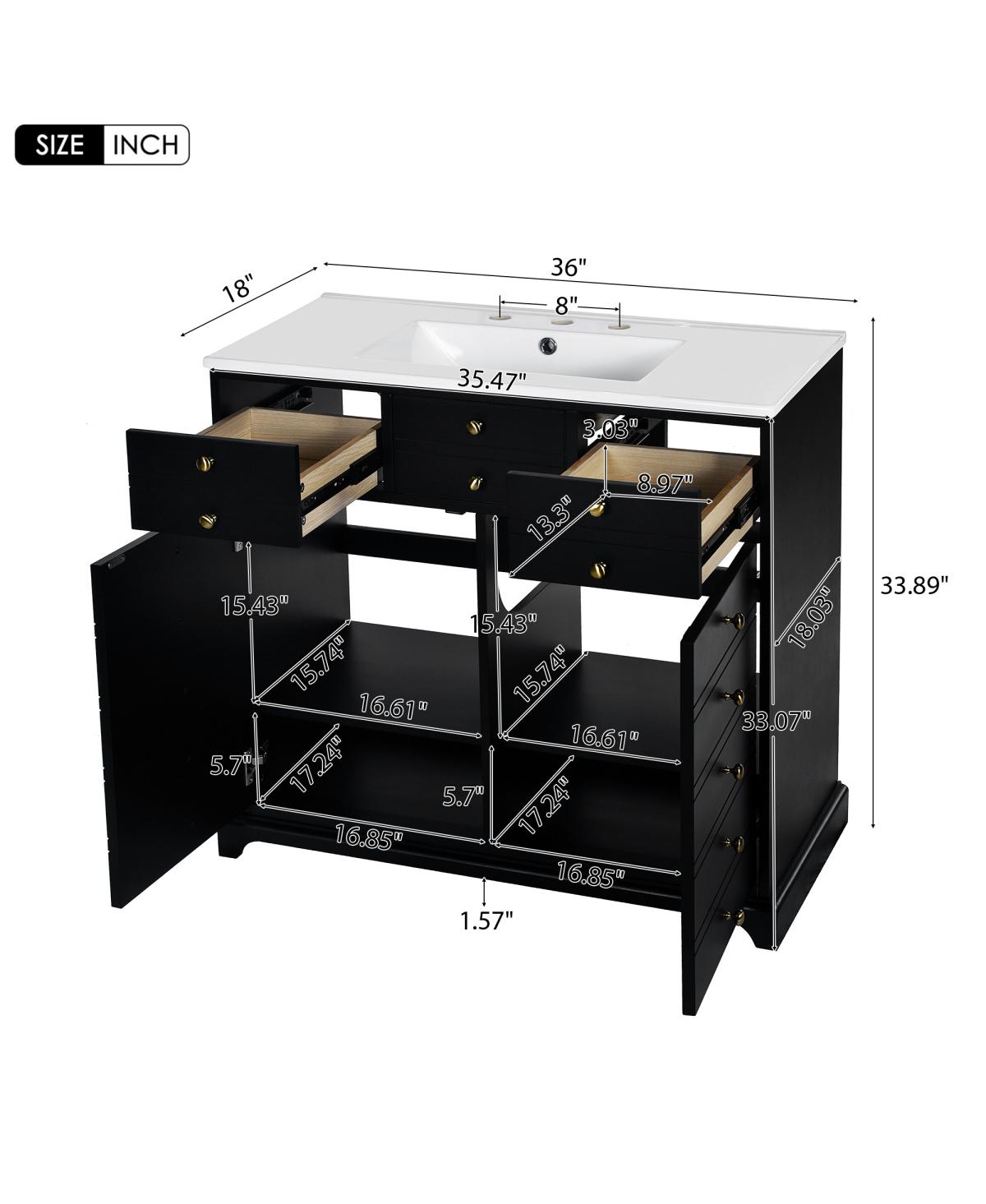 Sillysis 36" Bathroom Vanity with Ceramic Sink, Solid Wood Cabinet, 2 Drawers Doors Soft Close Storage for Small Bathrooms