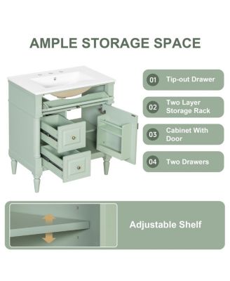 30" Bathroom Vanity with Ceramic Sink, Modern  Solid Wood Freestanding Bathroom Cabinet for Small Spaces