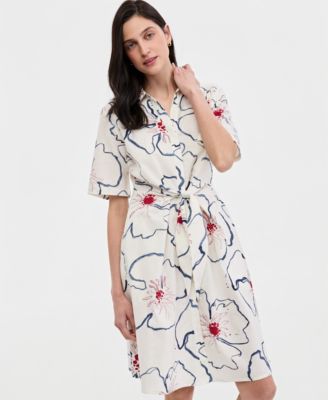 Women's Linen Belted Midi Dress