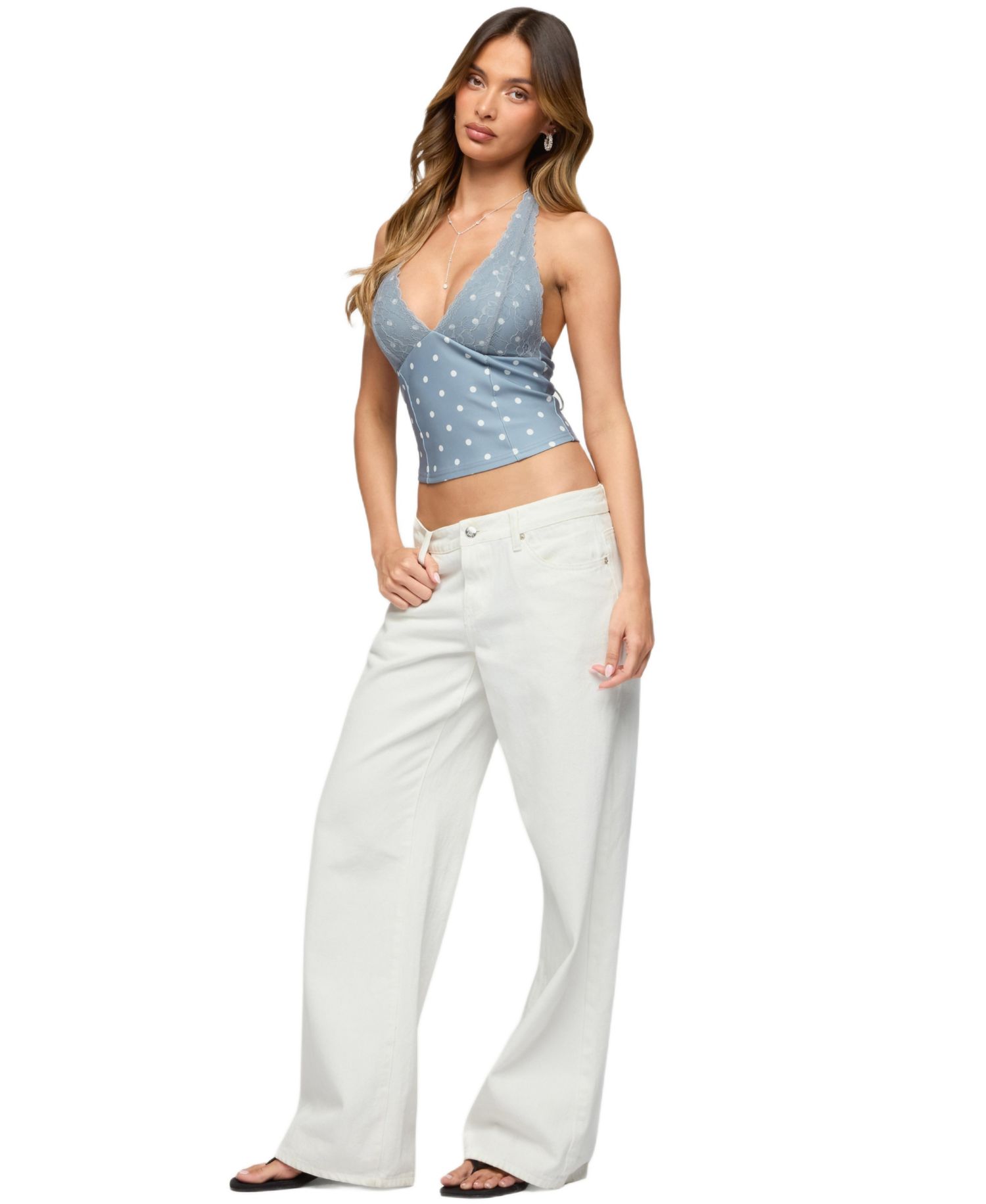 Women's Lacey Polka Dot Lace Up Halter Top