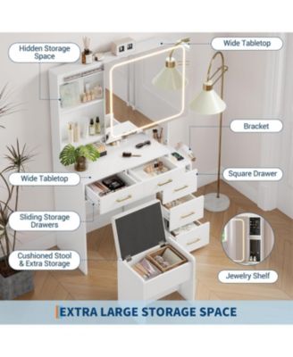 Vanity Desk with Mirror and Lights, Makeup Vanity Set with Drawers & Chair, 3 Light Mode and Brightness Adjusted & Power Outlet