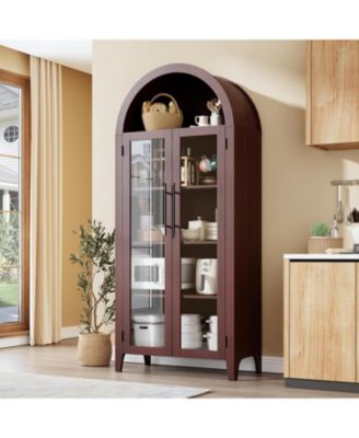 Arched Kitchen Pantry Storage Cabinet - Farmhouse 5 Tier Display Shelf with Adjustable Shelf and 2 Large Glass Doors