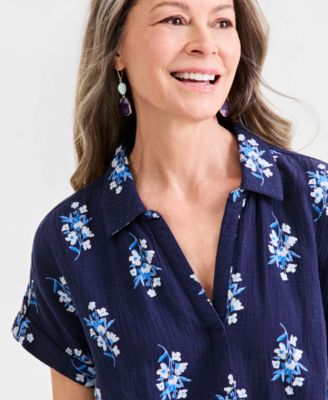 Women's Printed Cotton Gauze Collared Popover Top