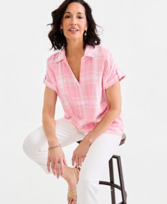 Women's Cotton Gauze Plaid Collared Popover Top