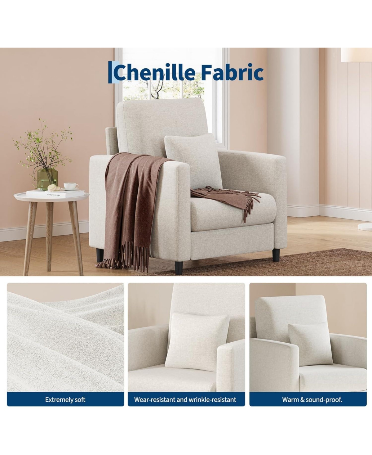 gaomon Sofa Accent Chair, 33" Upholstered Reading Sofa Chairs for Small Spaces,Mid Century Arm Chair, Solid Wood Frame, Tool-Free Assembly