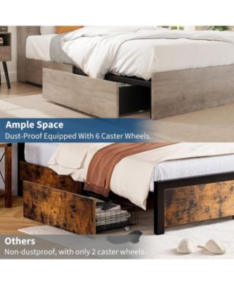 King Size Bed Frame with High Storage Bookcase Headboard, Wood Bed Frame with 4 Storage Drawers, Built in Charging Station, No Box Spring