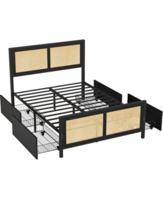  Rattan Bed Frame with Headboard, Boho Cane Platform Full Size Bed Frame with 4 Drawers, Strong Metal Slats Support, Noise Free