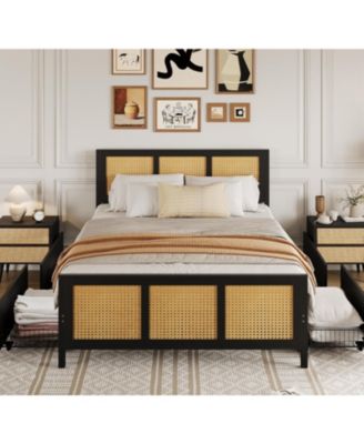  Rattan Bed Frame with Headboard, Boho Cane Platform Queen Bed Frame with 4 Drawers,  Noise Free, No Box Spring Needed
