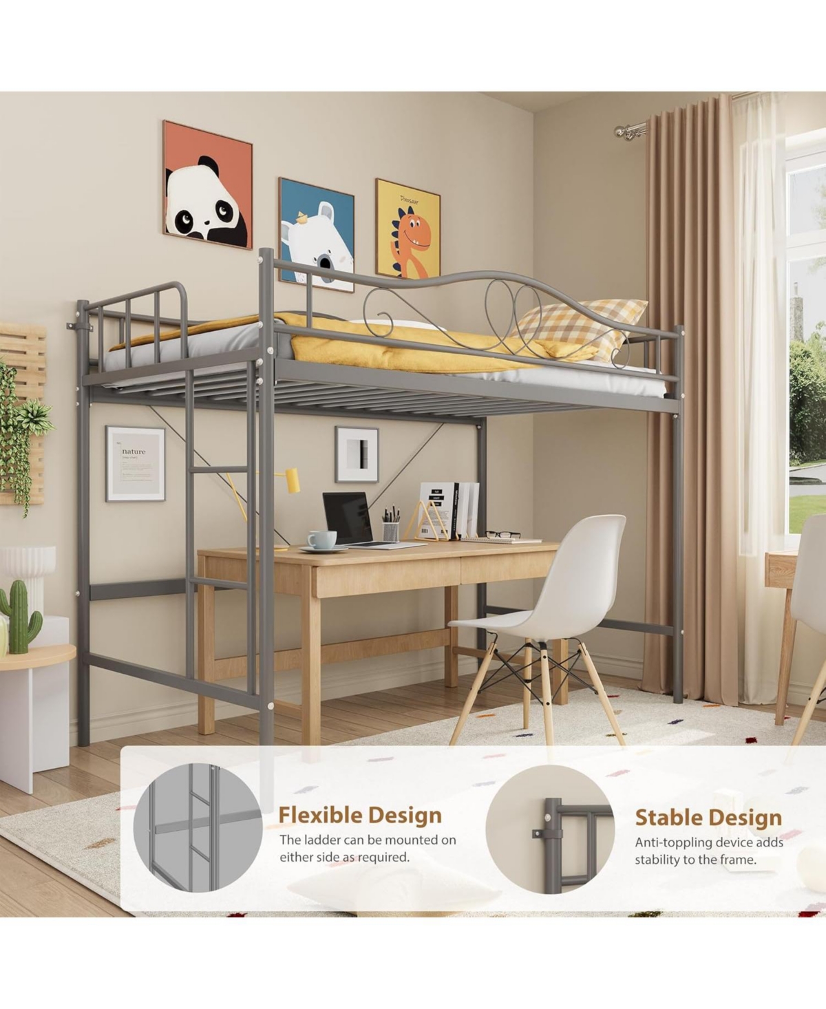 gaomon loft bed twin with removable ladder, full guardrail, heavy duty metal frame, 400 lbs capacity, space saving design
