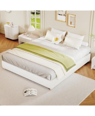 King Cloud Bed Frame, Corduroy Soft Fabric Low Bed Frames with Solid Wood Round Legs, King Size Platform Bed Without Headboard, Noiseless