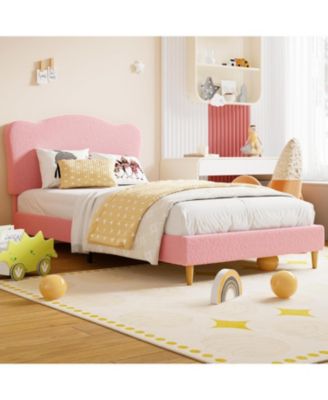 Upholstered Twin Size Bed Frame for Kids with Scallop Headboard, Cute Velvet Twin Bed for Girls, Boys, Sturdy Platform Bed, Wooden Slats