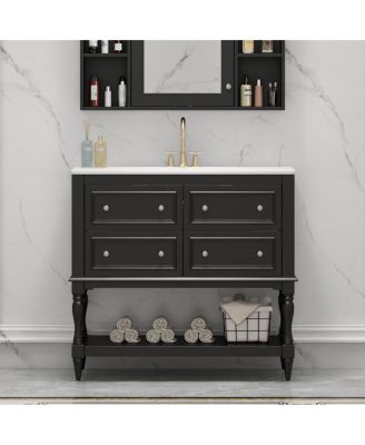 36" Modern Bathroom Vanity with Ceramic Sink, Freestanding Solid Wood Cabinet, 4 Drawers & Storage Shelf