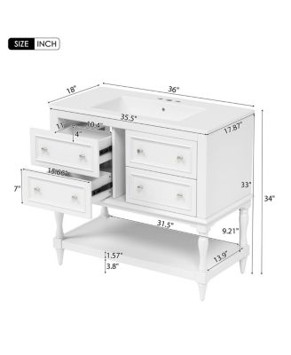 36" Modern Bathroom Vanity with Ceramic Sink, Freestanding Solid Wood Cabinet, 4 Drawers & Storage Shelf