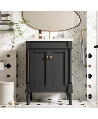 24" Bathroom Vanity with Ceramic Sink, Modern Solid Wood Cabinet & Ample Storage for Small Spaces