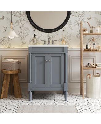 24" Bathroom Vanity with Ceramic Sink, Modern Solid Wood Cabinet & Ample Storage for Small Spaces