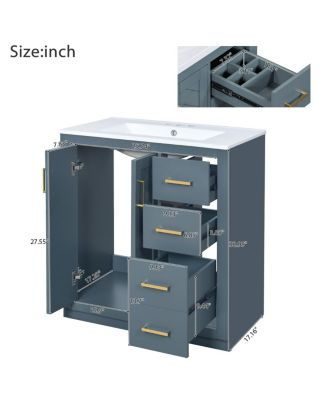 30" Bathroom Vanity with Ceramic Sink, 3 Drawers & Soft Close Doors, Solid Wood Cabinet for Ample Storage