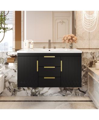 36" Wall Mounted Bathroom Vanity with Resin Sink, Modern MDF Cabinet, Double Drawers & Storage for Small Bathrooms