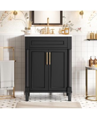 24" Bathroom Vanity with Curved Ceramic Sink, Adjustable Shelf 2-Door Storage for Small Modern Bathrooms