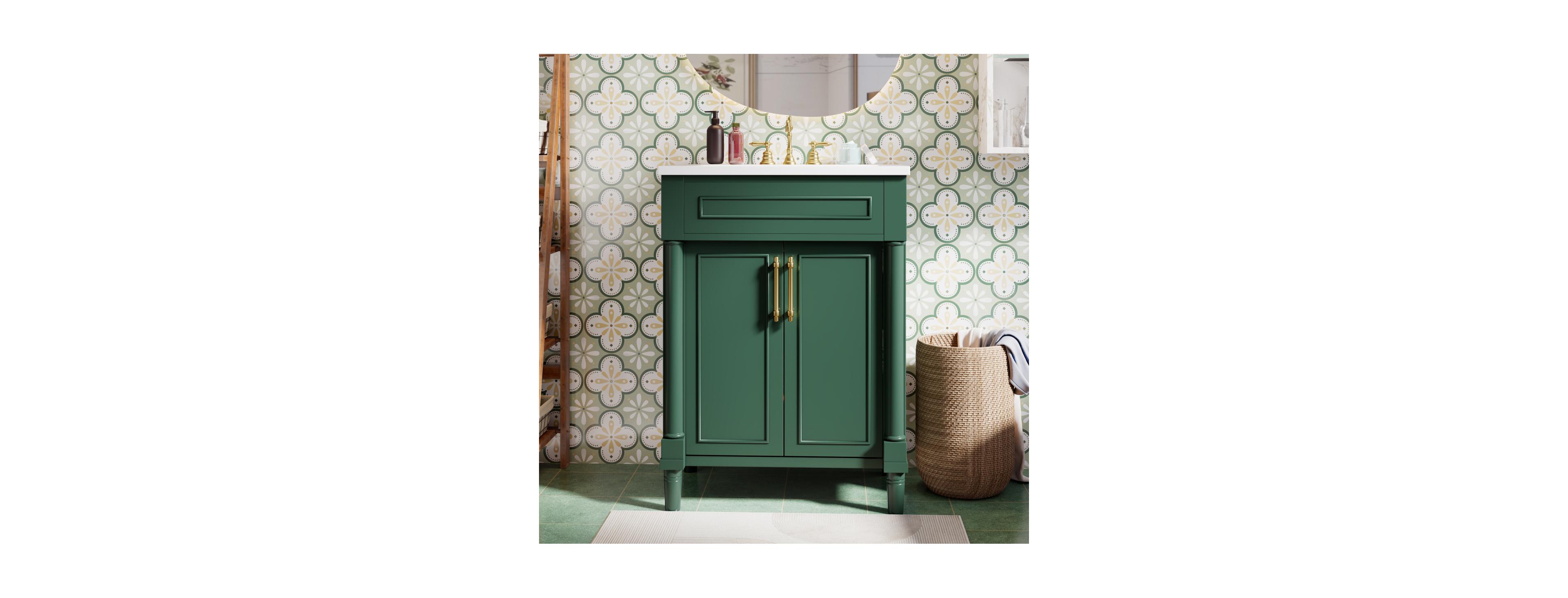 Sillysis 24" Bathroom Vanity with Curved Ceramic Sink, Adjustable Shelf 2-Door Storage for Small Modern Bathrooms