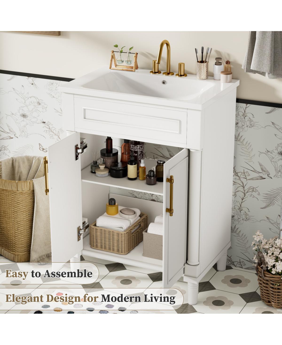Sillysis 24" Bathroom Vanity with Curved Ceramic Sink, Adjustable Shelf 2-Door Storage for Small Modern Bathrooms