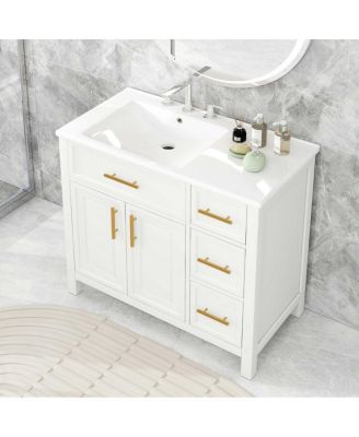 36" Bathroom Vanity with Left Ceramic Sink, Solid Wood & MDF Cabinet, Ample Storage Drawers, Modern Freestanding
