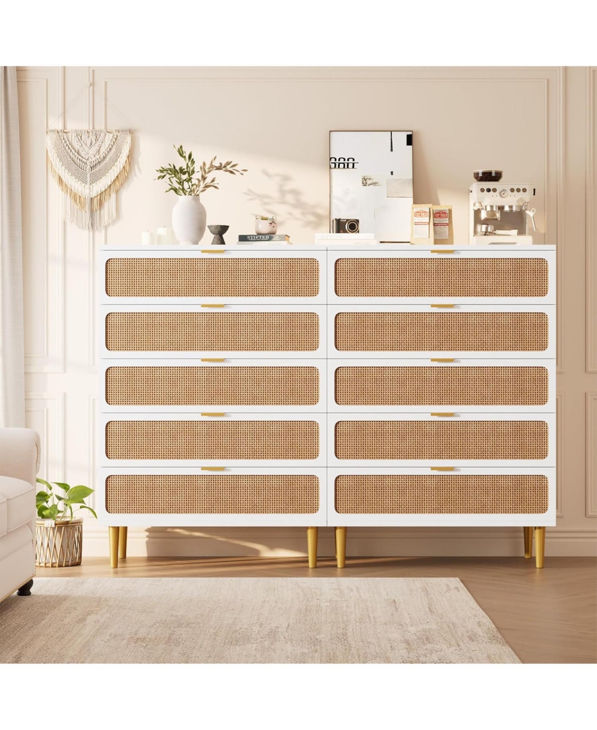 gaomon Rattan 5 Drawer Dresser, Tall Wooden Chest with Deep Drawers for Living Room