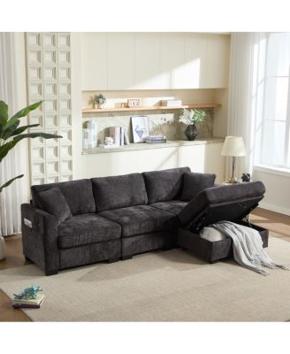 Modern Storage Sofa with Dual USB, 2 Side Pockets, Ottoman Storage Bench