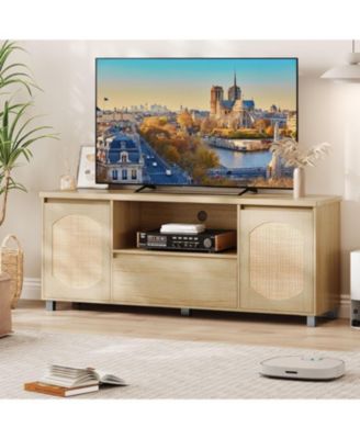 Rattan TV Stand for 70 Inch TV, Boho TV Entertainment Center, Wooden TV Console with Drawer and 2 Cabinets, Media Console Cabinet