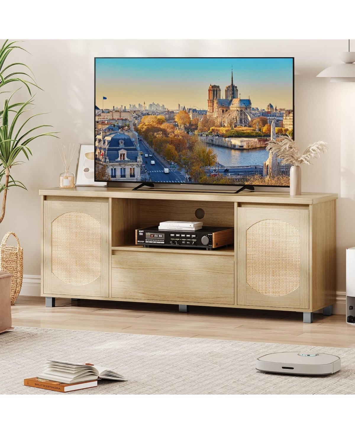 gaomon Rattan Tv Stand for 70 Inch Tv, Boho Tv Entertainment Center, Wooden Tv Console with Drawer and 2 Cabinets, Media Console Cabinet