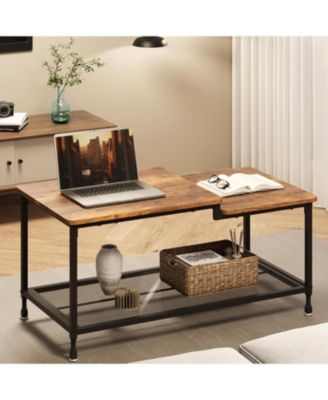 Coffee Table Industrial Living Room Table 2-Tier Rustic Center Table with Mesh Shelf Rectangle Storage Cocktail Table Metal Frame