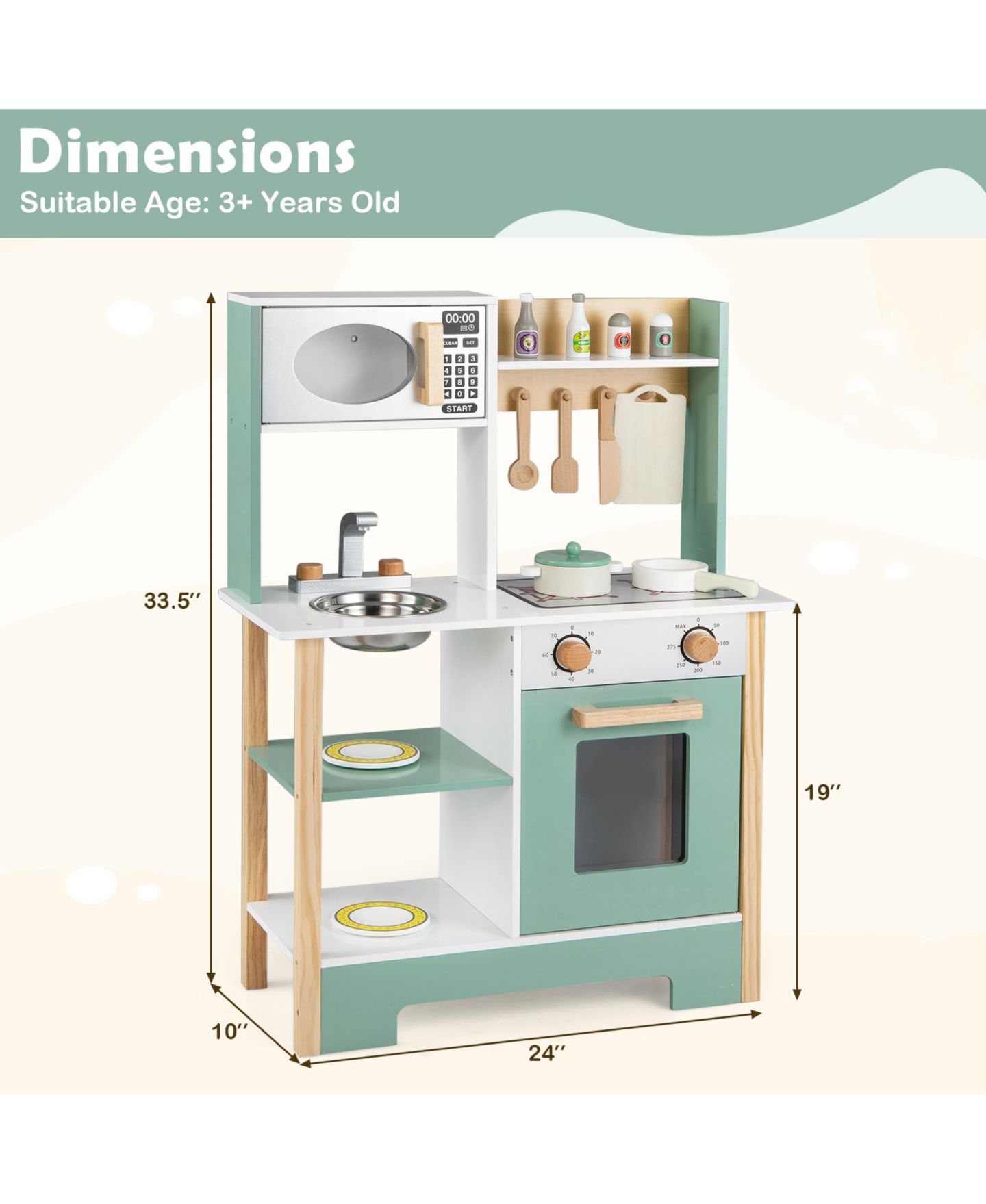 Детские игрушки Slickblue Chalkboard Wooden Play Kitchen, 10+ Piece Set, от 3 лет, цвет: Зелёный — фото 4