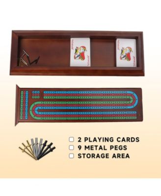 Multi Color 3-Track Wooden Cribbage Board Box with 2 Deck Playing Cards, 9 Metal Pegs and Drawer