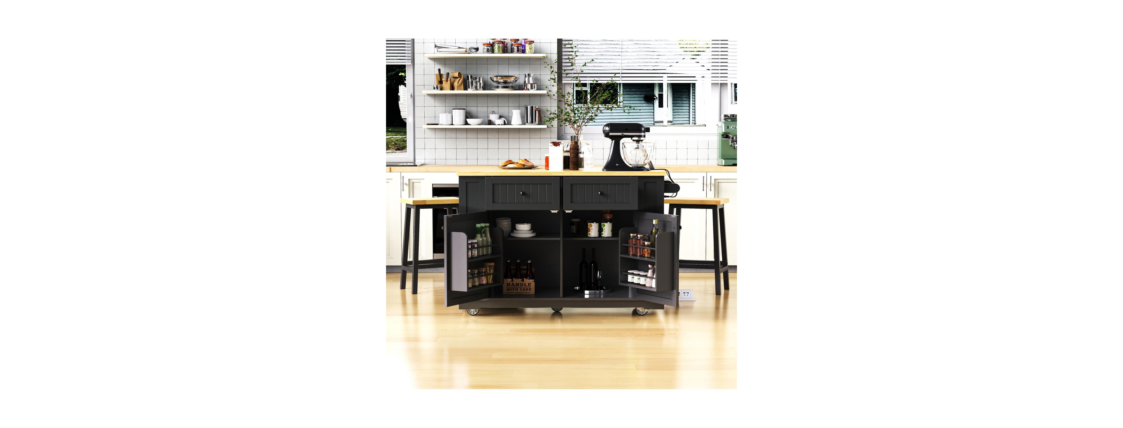 Streamdale Furniture 48" Kitchen Island w/ 2 Stools, Power Outlet, Storage, Drop Leaf