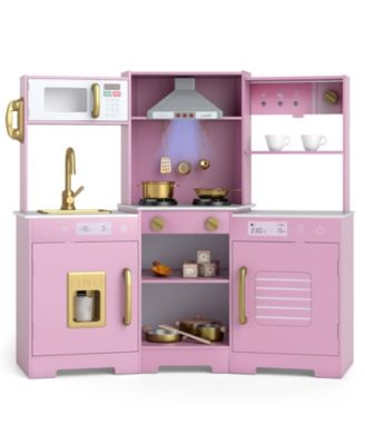 Pretend Play Wooden Kitchen Set with Range Hood and Realistic Effects