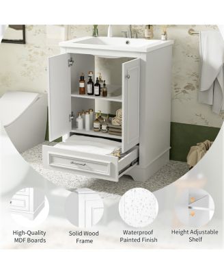 24" Bathroom Vanity with Ceramic Sink, Modern Freestanding Cabinet with Drawer & Soft Closing Doors, Solid Wood MDF Storage
