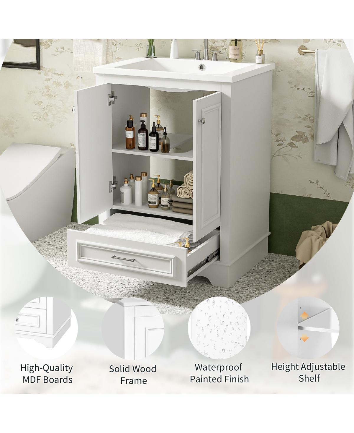 Sillysis 24" Bathroom Vanity with Ceramic Sink, Modern Freestanding Cabinet Drawer & Soft Closing Doors, Solid Wood Mdf Storage