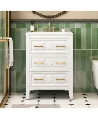 24 Inch Bathroom Vanity with Ceramic Sink, Retro Solid Wood Cabinet, 3 Soft Close Drawers for Small Bathrooms