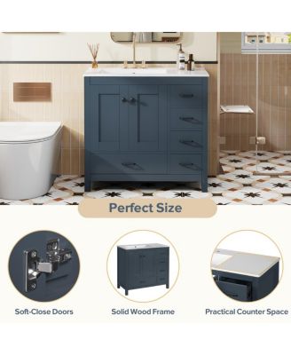 36" Bathroom Vanity with Sink, Solid Wood Cabinet & 5 Drawers Storage, Modern Freestanding Bath Cabinet for Small Spaces