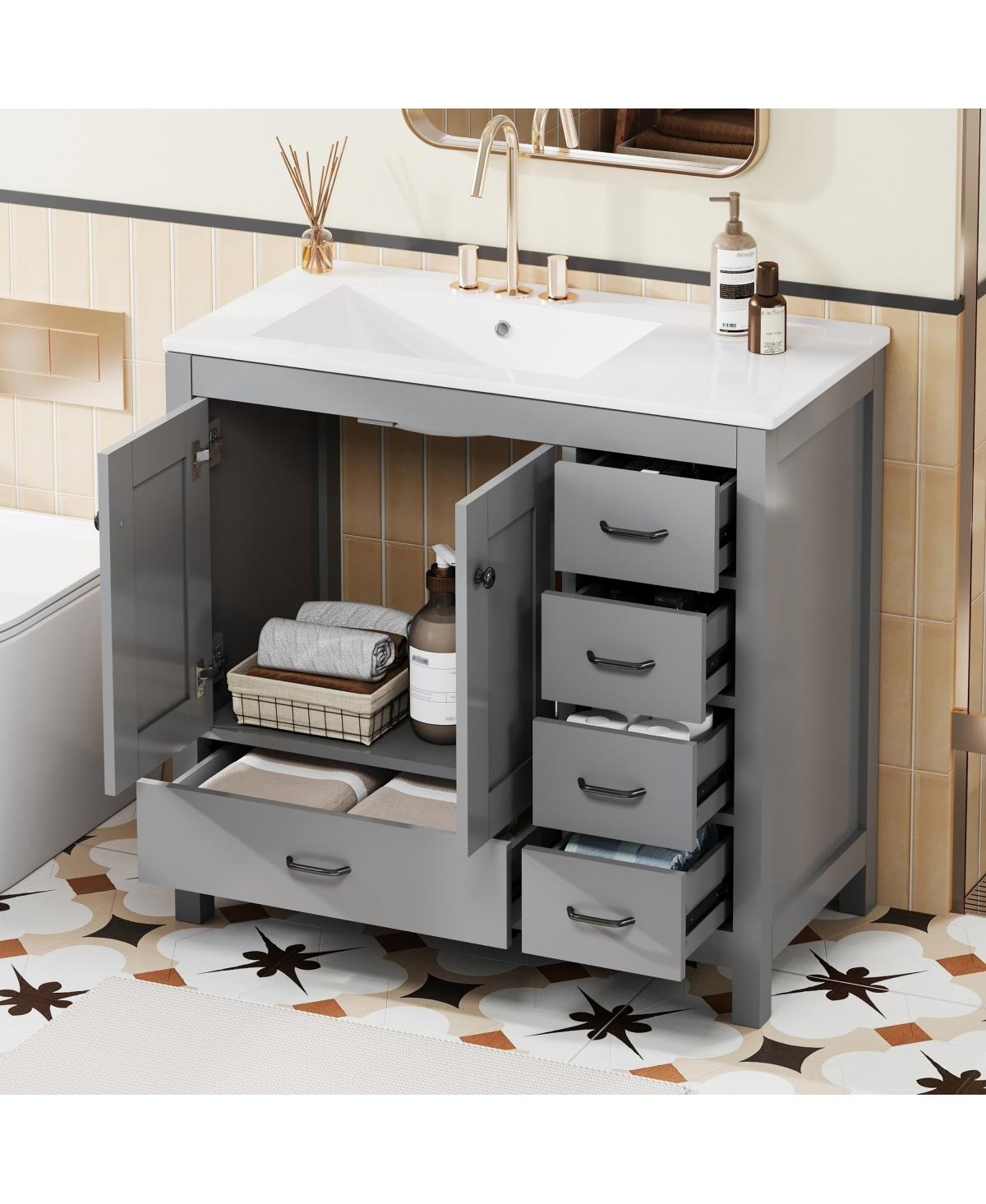 Sillysis 36" Bathroom Vanity with Sink, Solid Wood Cabinet & 5 Drawers Storage, Modern Freestanding Bath for Small Spaces