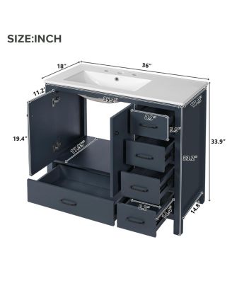 36" Bathroom Vanity with Sink, Solid Wood Cabinet & 5 Drawers Storage, Modern Freestanding Bath Cabinet for Small Spaces