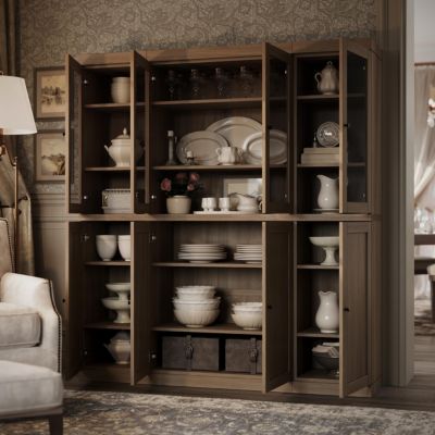 100% Solid European Oak Tall China Display Cabinet with Shaker and Tinted Glass Doors, Modular Design