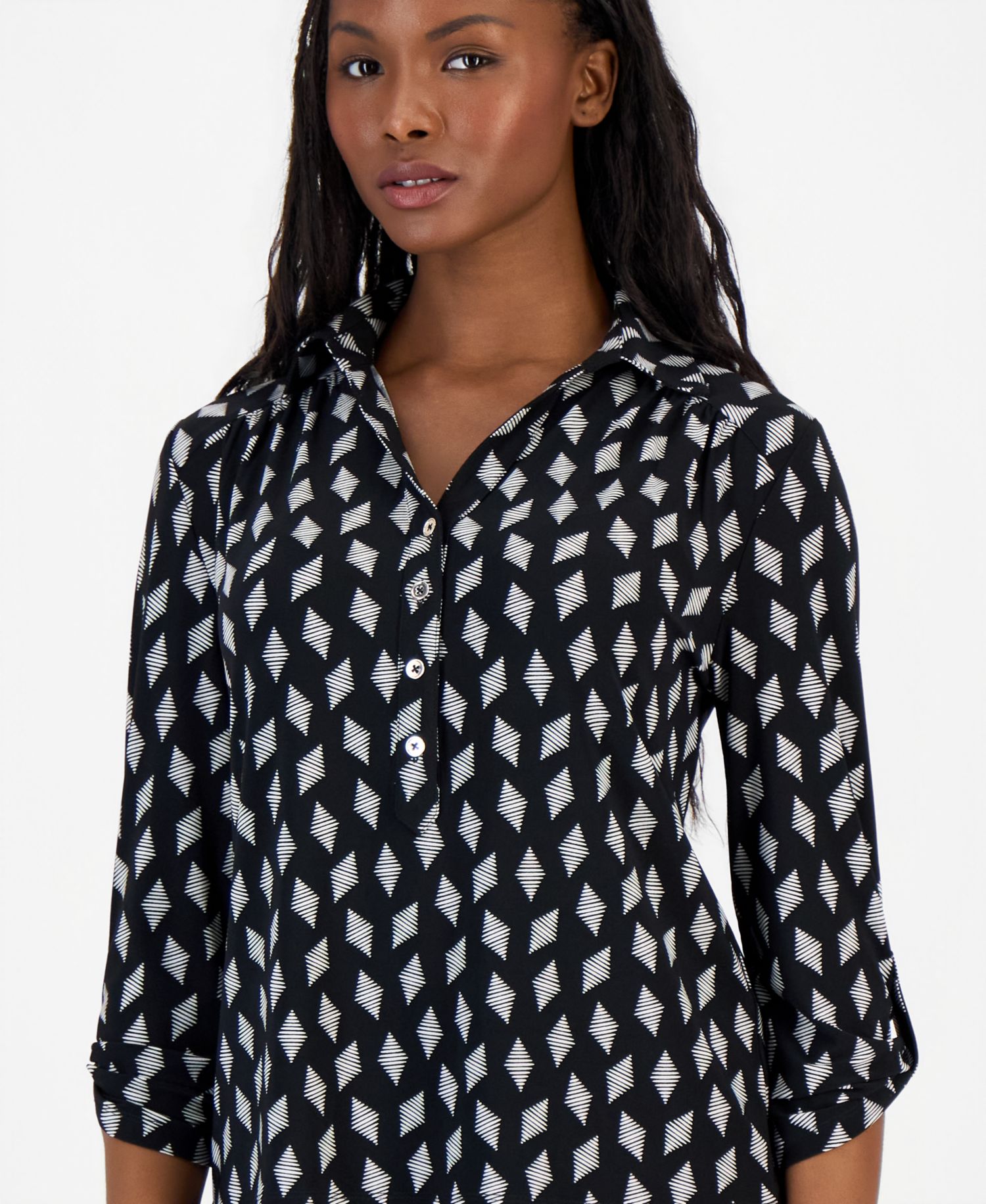 Women's Printed Collared 3/4-Sleeve Top