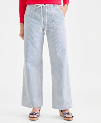 Women's Striped High-Rise Pull-On Wide-Leg Jeans