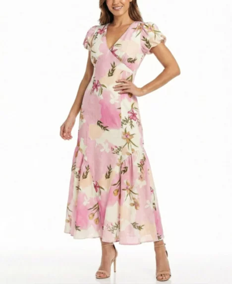 Petite V-Neck Short-Sleeve Dress - Pink/Pearl Verdum