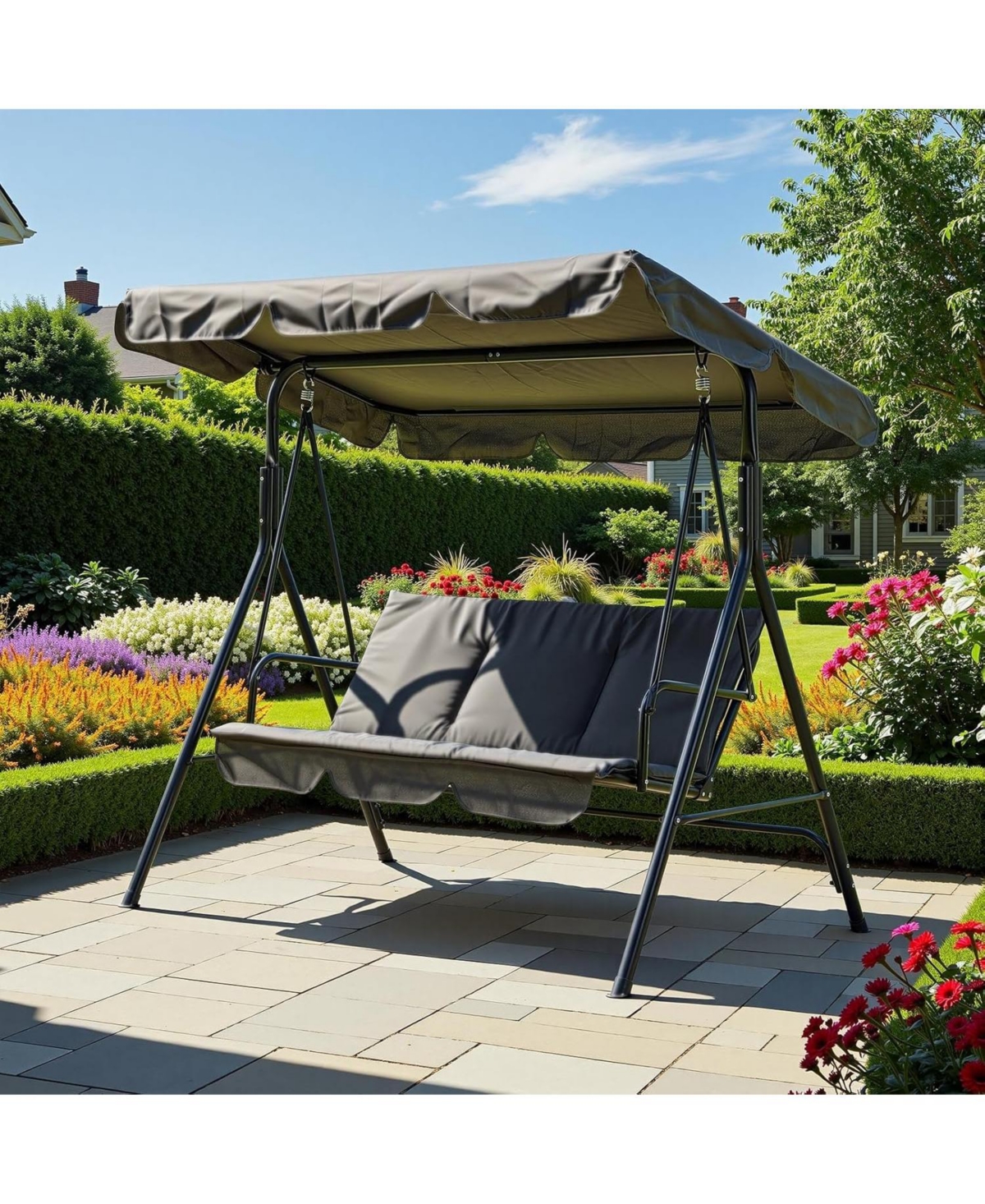 gaomon 3-Person Outdoor Patio Swing Chair with Adjustable Canopy and Armrests, Breathable Fabric Seat and Backrest, Porch Swing for Backyard or Garden