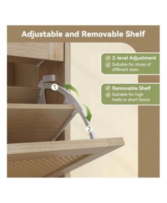 Oak Slim Freestanding Shoe Cabinet - 4 Rattan Flip Drawers + 2 Drawers Solid Wood Legs Organizer