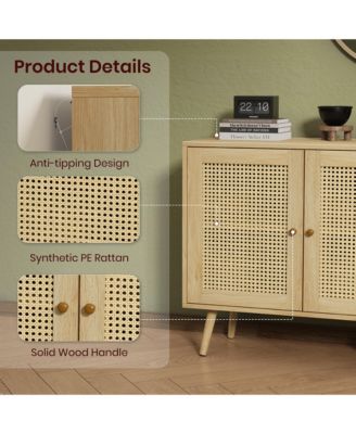 Rattan Storage Cabinet with 3 Doors, Boho Sideboard Buffet Cabinet Wood Farmhouse Credenza Cabinet