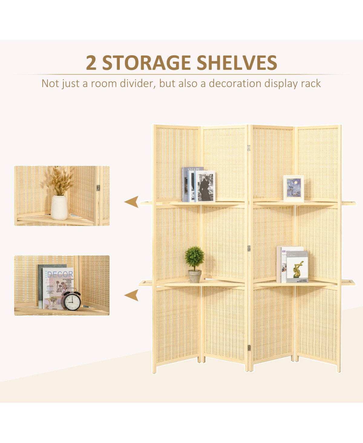 Homcom 6' Folding Privacy Screen Indoor Room Divider w/ 2 Open Display Shelves, Natural